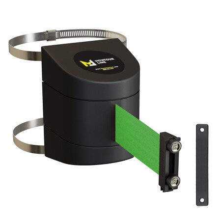Montour Line Retractable Belt Barrier Black Clamped Wall Mount, 15' Green Belt (M) PWM200-BK-GN-C-M-150